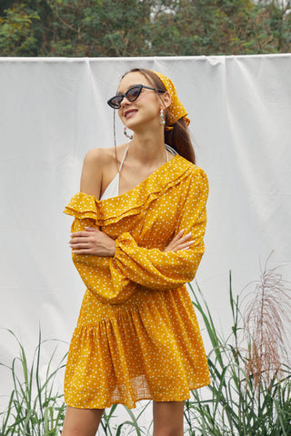 Yellow Heart Pattern One-shoulder Dress with Ruffle Trim - By Quaint