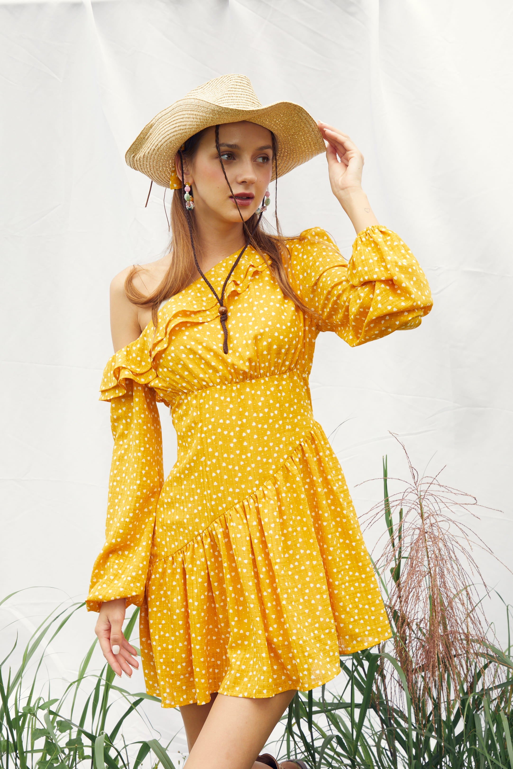 Yellow Heart Pattern One-shoulder Dress with Ruffle Trim - By Quaint
