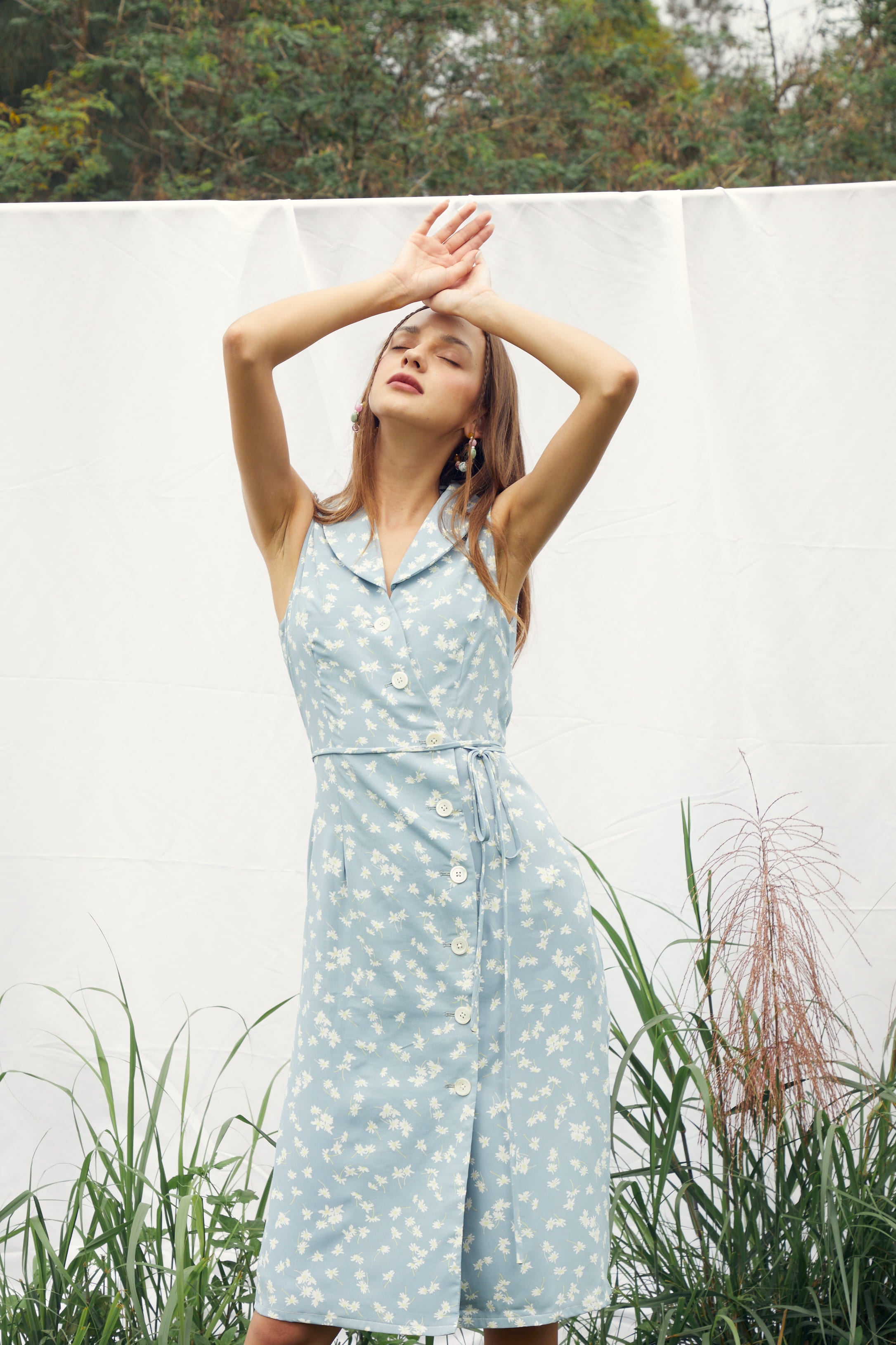 Blue Base with Small Floral Print Quinoa Collar Sleeveless Midi Dress - By Quaint