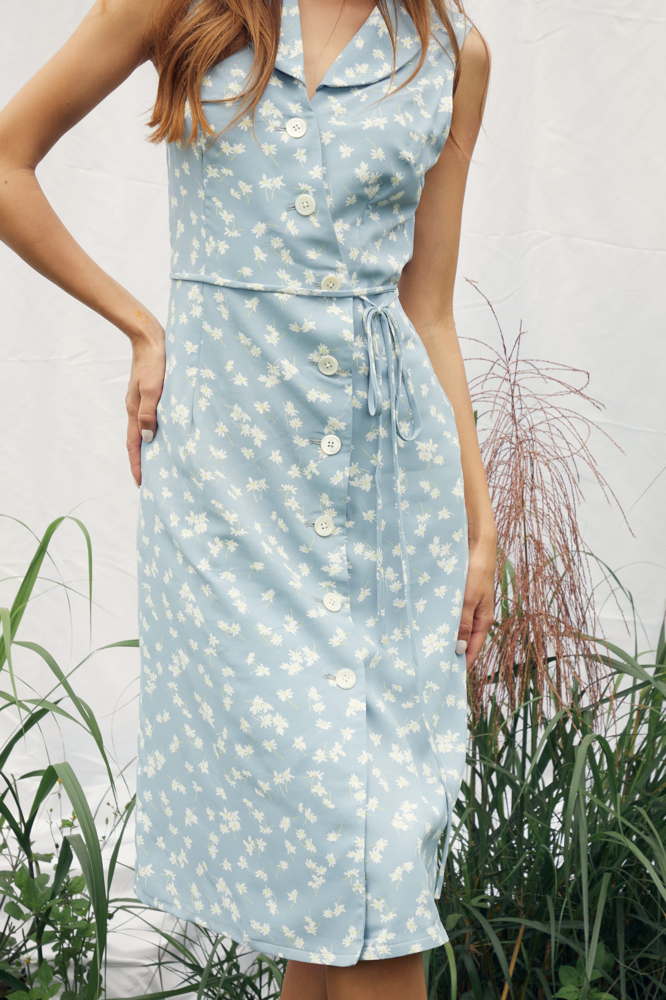 Blue Base with Small Floral Print Quinoa Collar Sleeveless Midi Dress - By Quaint