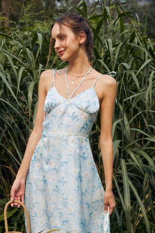 Blue-green White Daisy Pattern Dress with Shiny Fabric and Spaghetti Straps - By Quaint