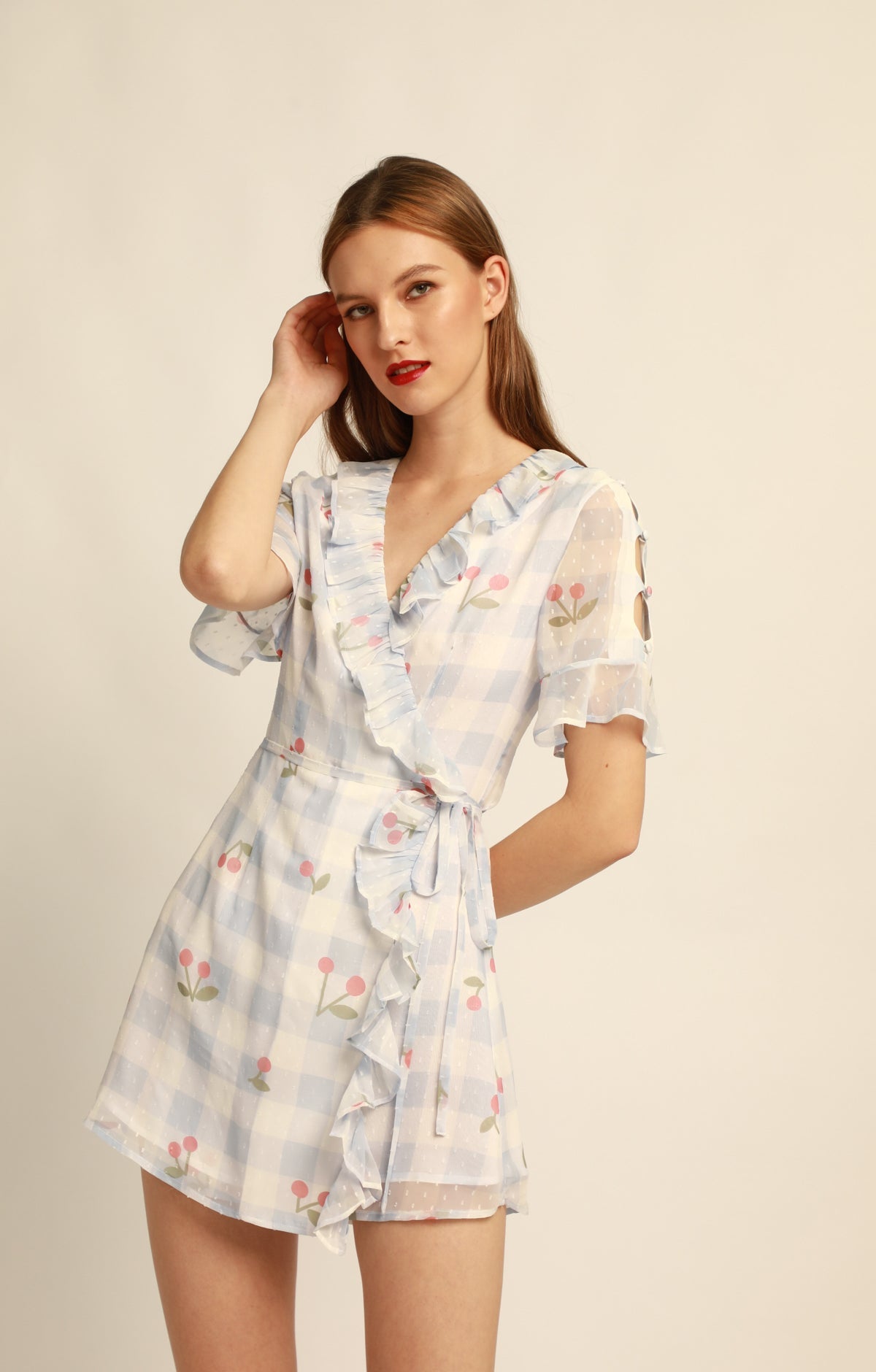Blue and White Checked Cherry Pattern Sleeve Hollow Out Dress - ByQuaint