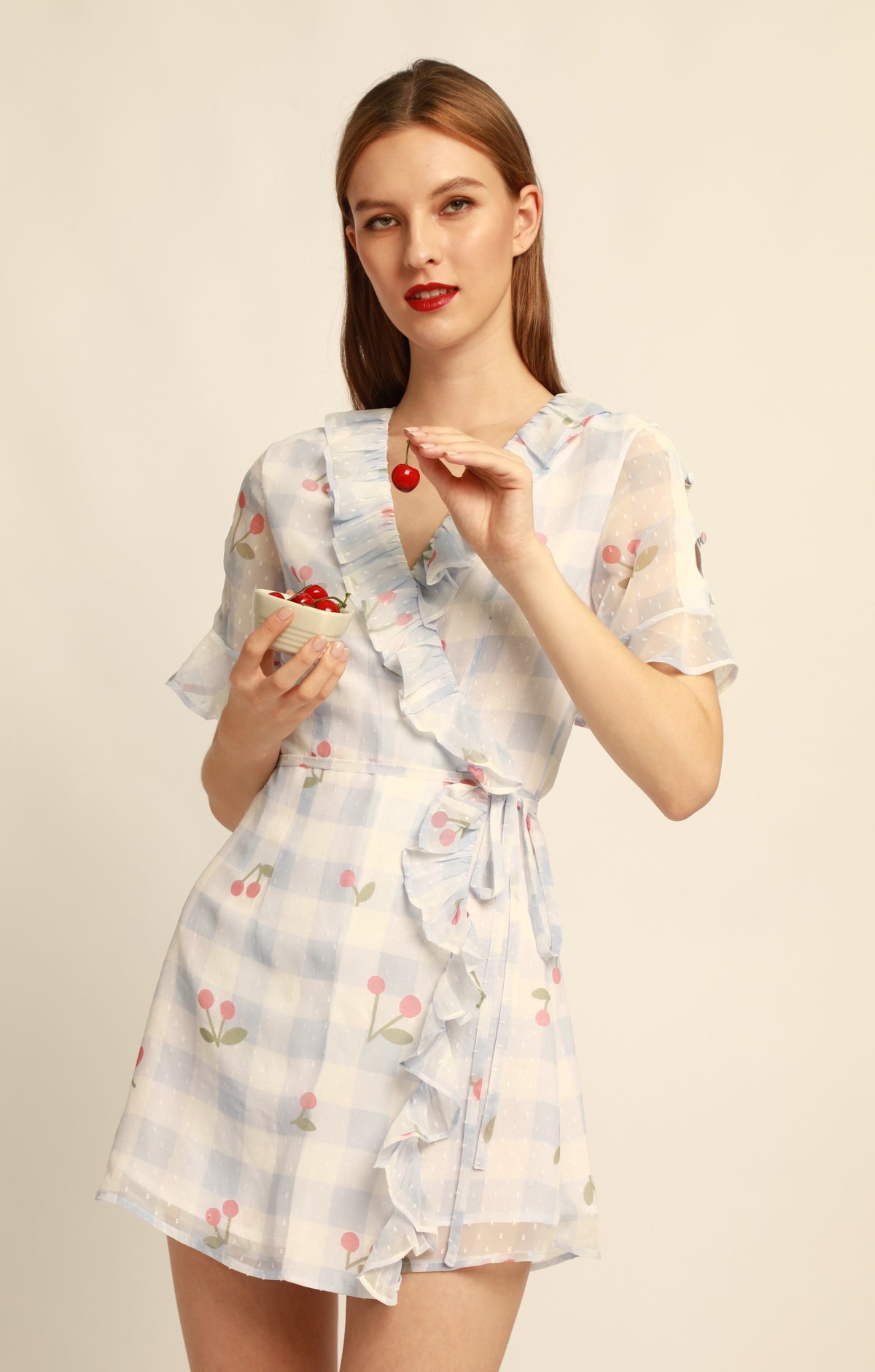 Blue and White Checked Cherry Pattern Sleeve Hollow Out Dress - ByQuaint