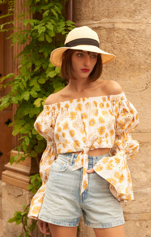 White Cotton Off-Shoulder Top with Yellow Daisy Cutouts - By Quaint