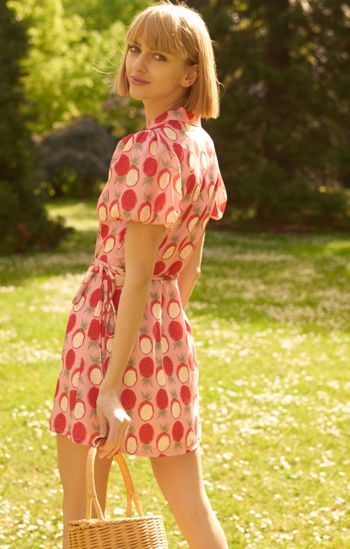 Pink Dragon Fruit Pattern Bubble Sleeve Dress - ByQuaint