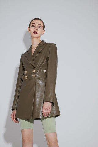Olive Green Double-belted Leather Jacket with Double-breasted Buttons - ByQuaint
