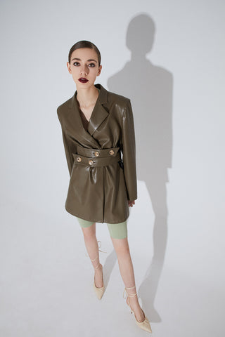 Olive Green Double-belted Leather Jacket with Double-breasted Buttons - ByQuaint