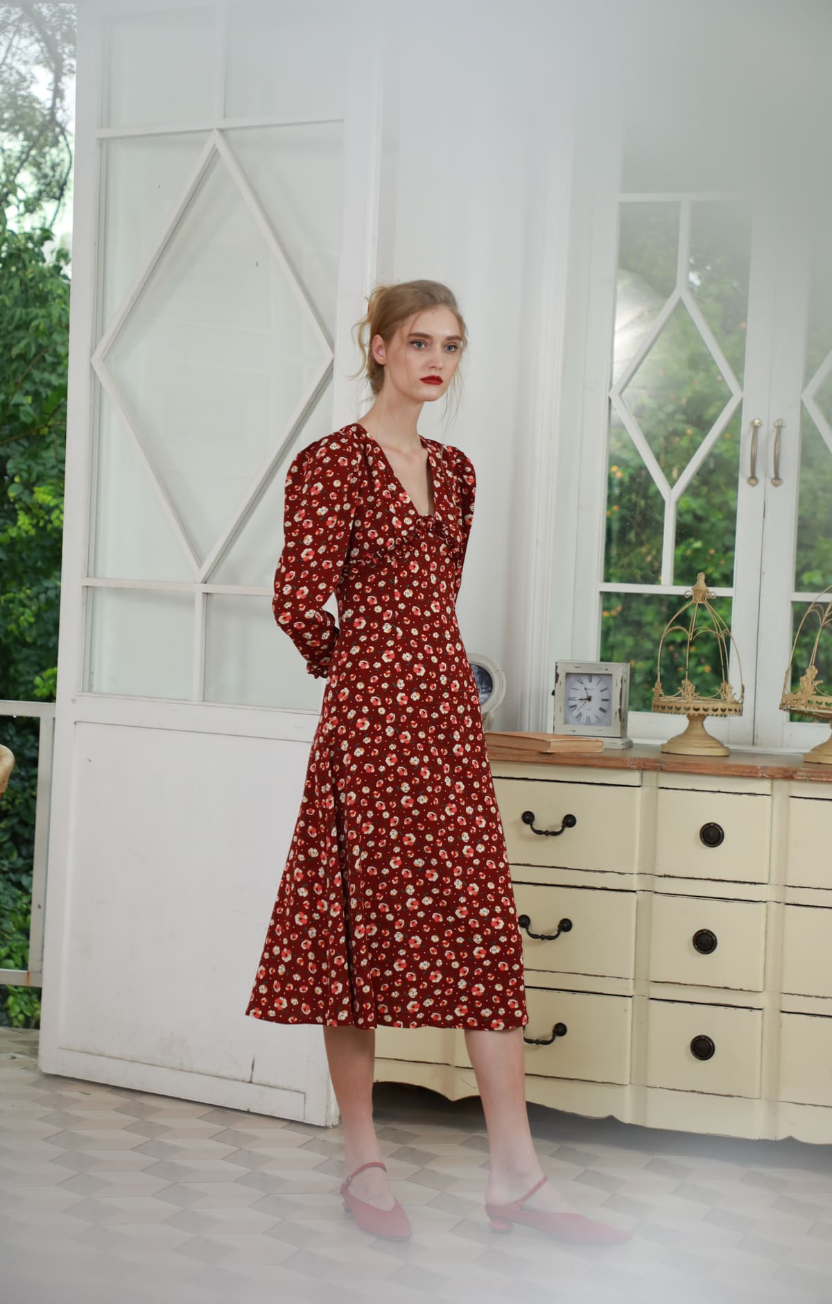 Burgundy Floral V-Neck Long Sleeve Dress By Quaint Burgundy Floral V-Neck Long Sleeve Dress By Quaint