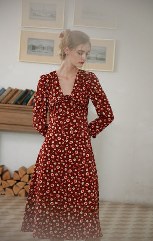 Burgundy Floral V-Neck Long Sleeve Dress - By Quaint