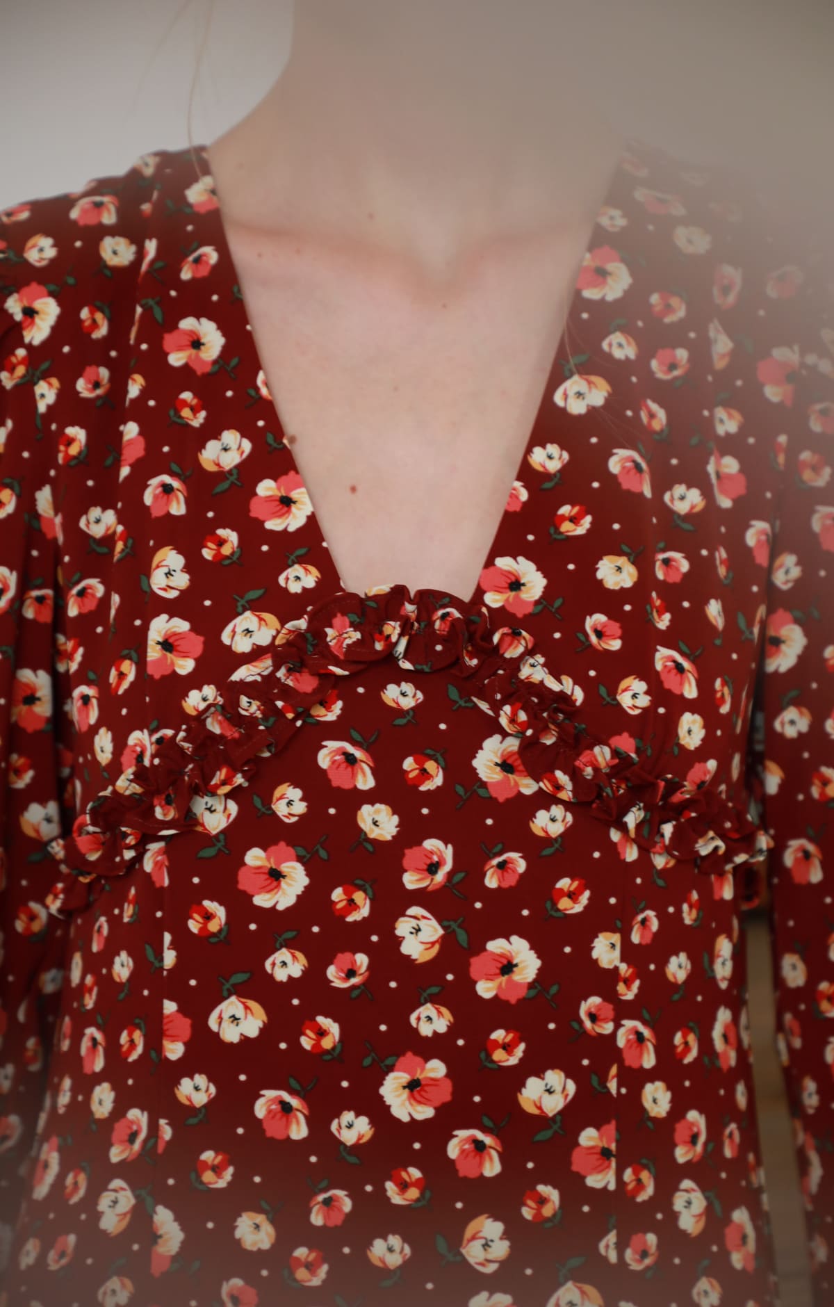 Burgundy Floral V-Neck Long Sleeve Dress - By Quaint