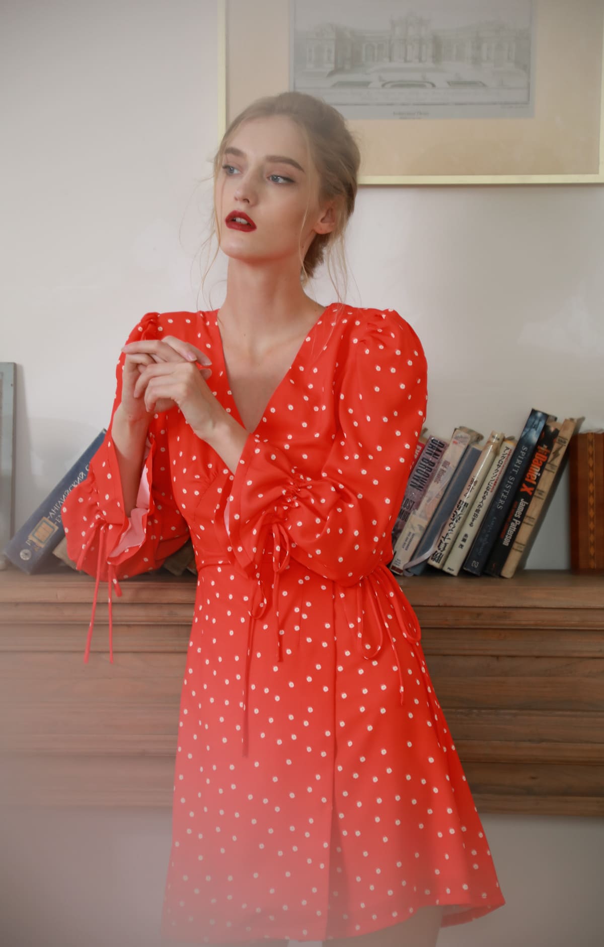 Red Daisy Print V-neck Long Sleeve Dress - By Quaint