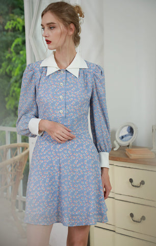 Blue Floral Long Sleeve Dress with Double White Collars - By Quaint
