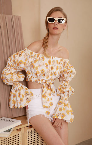White Cotton Off-Shoulder Top with Yellow Daisy Cutouts - By Quaint