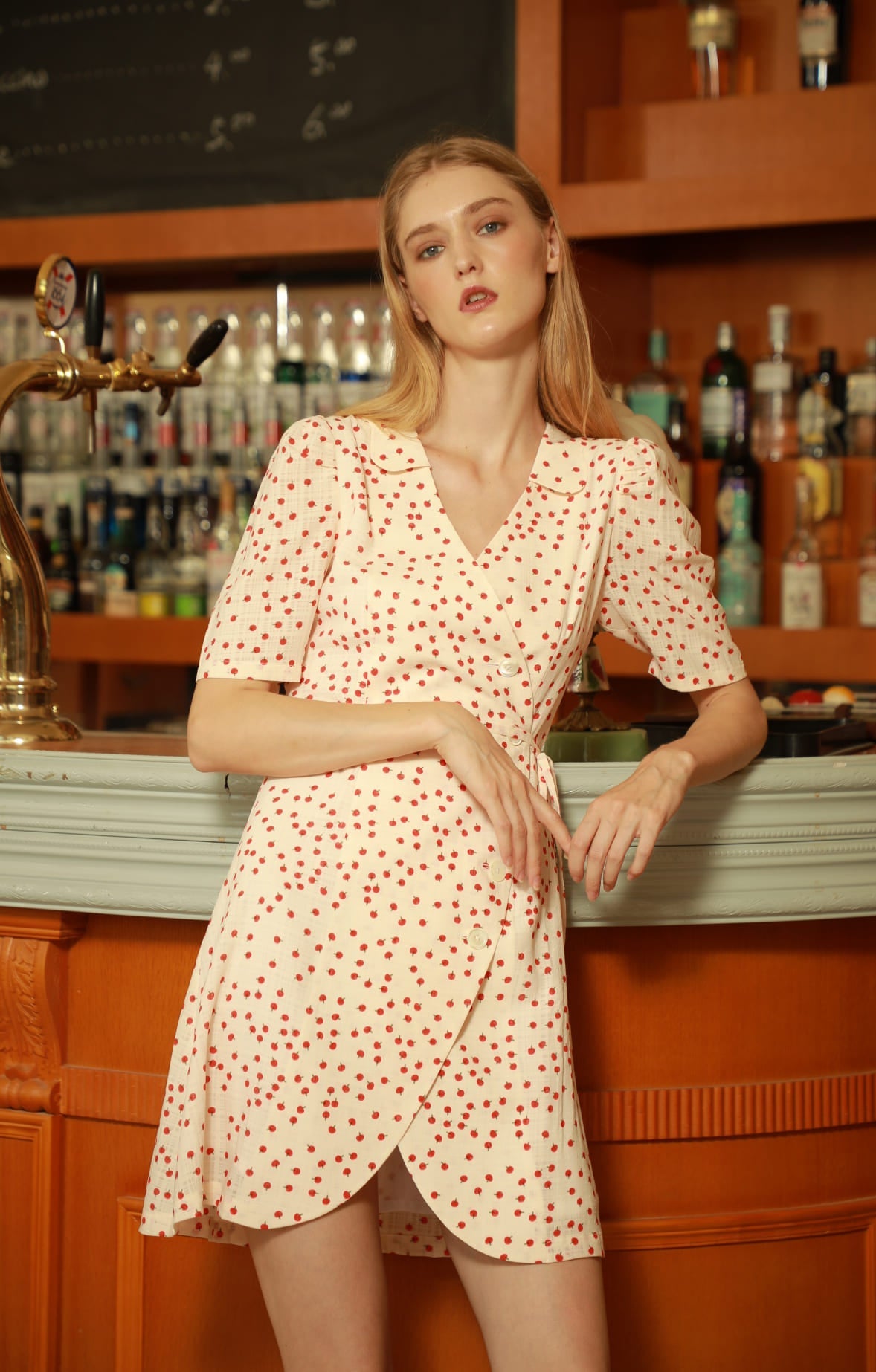 White Short Sleeve Dress with Small Apple Pattern and Unique Collar - By Quaint