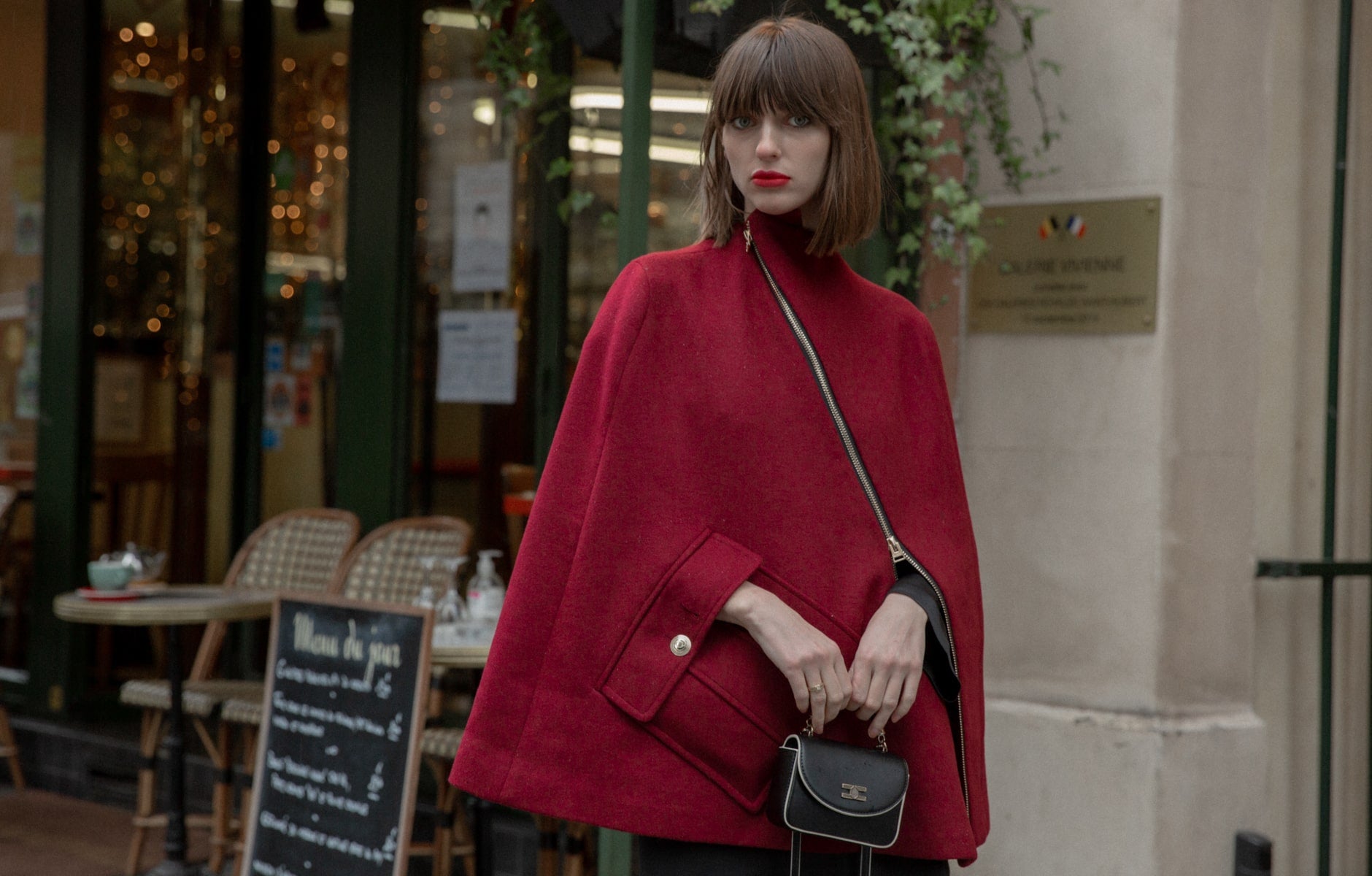 Red Cape with Gold Zipper and Buckle Details - ByQuaint