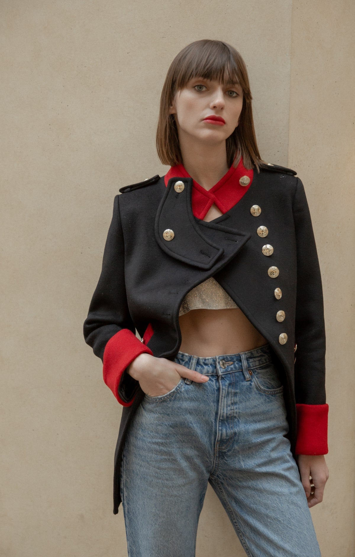 Red and Black Jacket with Gold Button and Lining Detail - ByQuaint